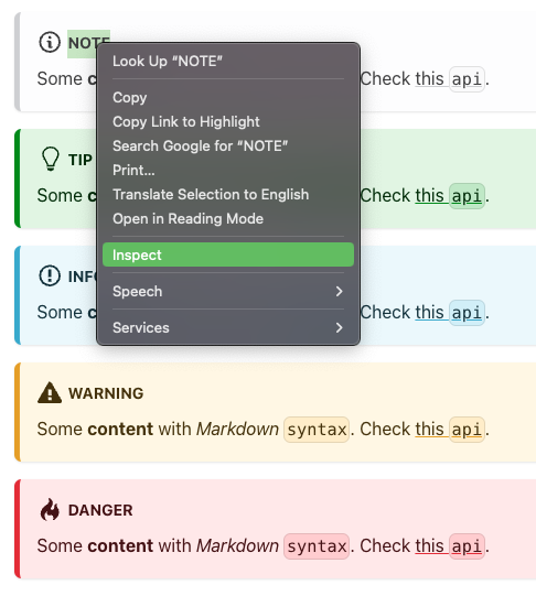 Use Inspect on the &quot;note&quot; admonition&#39;s title